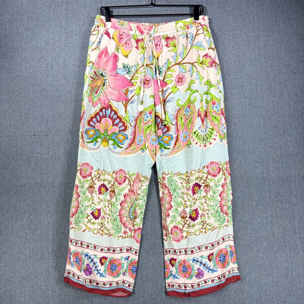 Zara Floral Printed Flowing Trousers Large Multicolor Viscose Blend Boho Pants